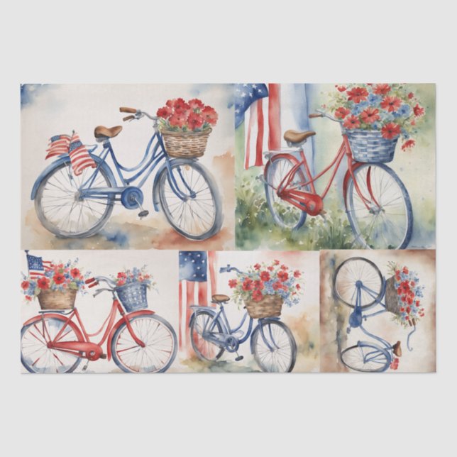 Patriotic Bicycle Blooms in Watercolor decoupage  Tissue Paper (Front)