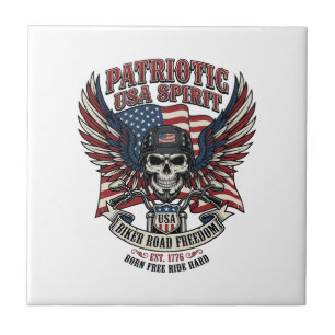 Patriotic Biker Skull Biker Road Freedom Patriot A Tile