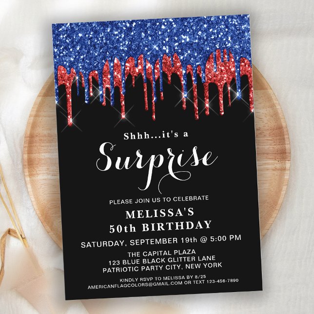 Patriotic Birthday Red Blue Glitter Surprise Party Invitation (Creator Uploaded)