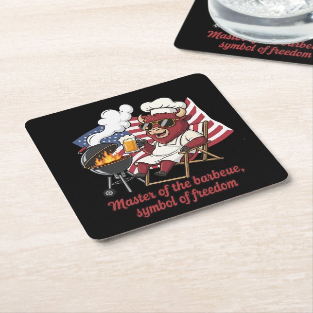 Patriotic Bison BBQ Master USA Flag Square Paper Coaster (Angled)