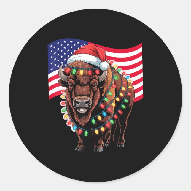 Patriotic Bison Buffalo Christmas Usa Flag Holiday Classic Round Sticker (Front)