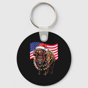 Patriotic Bison Buffalo Christmas Usa Flag Holiday Keychain