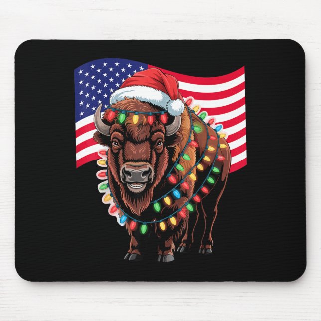 Patriotic Bison Buffalo Christmas Usa Flag Holiday Mouse Pad (Front)