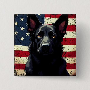 Patriotic Black German Shepherd USA American Flag 2 Inch Square Button