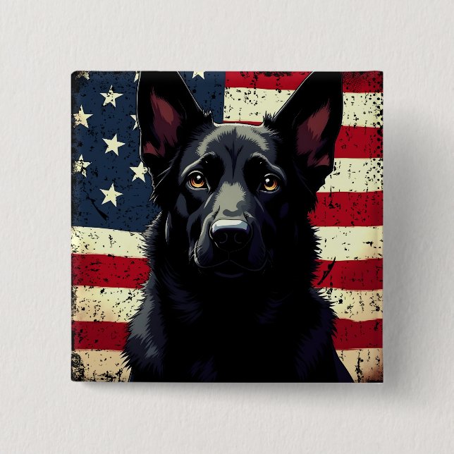 Patriotic Black German Shepherd USA American Flag 2 Inch Square Button (Front)