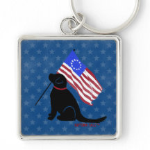 Patriotic Black Lab American Flag Key Chain Silver