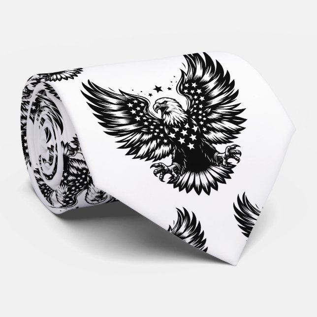 Patriotic Black & White American Flag Bald Eagle  Tie (Rolled)