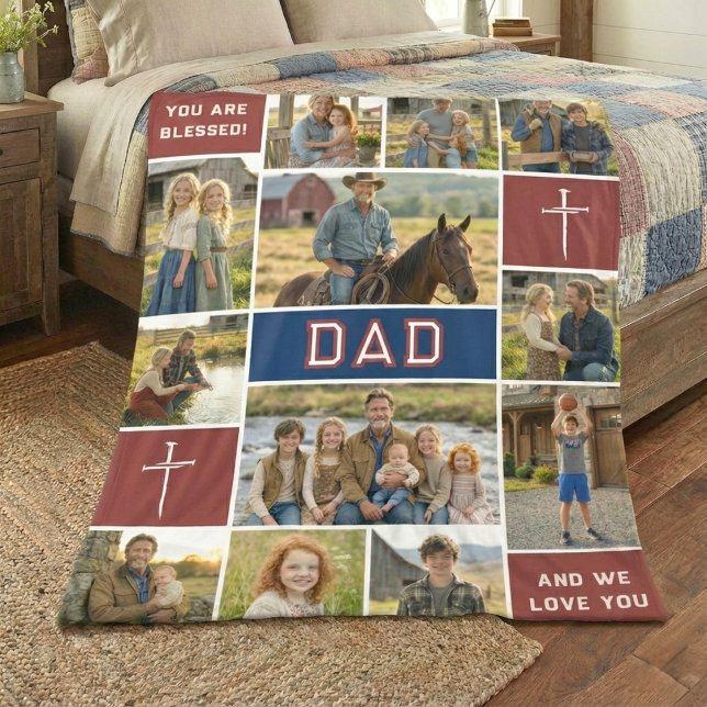Patriotic Blessed Dad 12 Photo Collage Custom Text Fleece Blanket (Creator Uploaded)