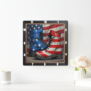 Patriotic Boots American Flag Square Wall Clock