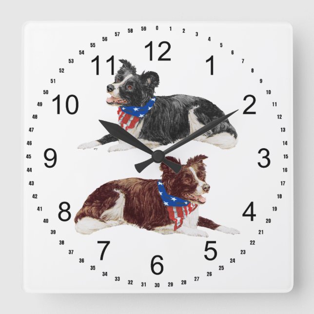 Patriotic Border Collies Square Wall Clock (Front)