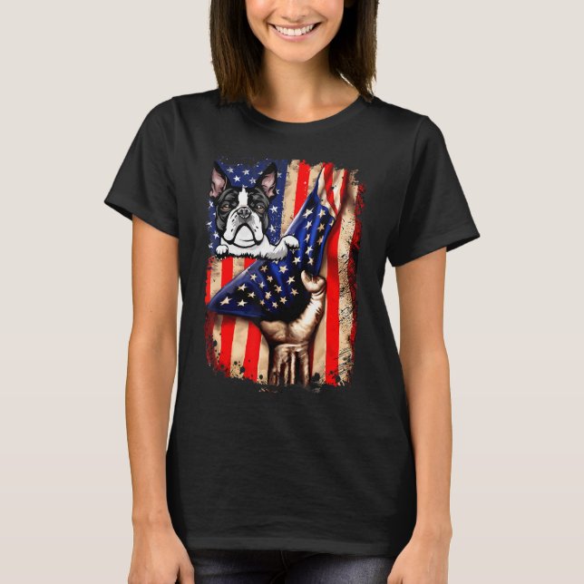 Patriotic Boston Terrier American Flag Dog T-Shirt (Front)
