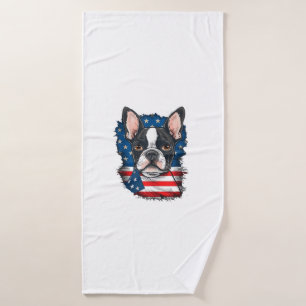 Patriotic Boston Terrier Dog Puppy American Flag 4 Bath Towel