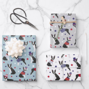Patriotic Boston Terrier Dog Wrapping Paper Sheet