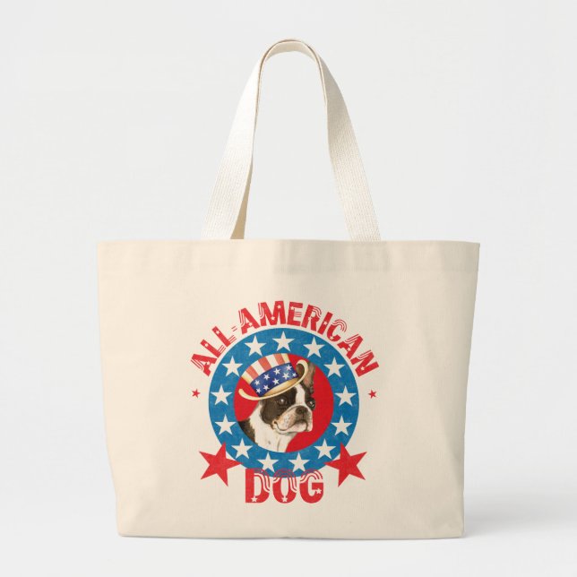 Patriotic Boston Terrier Large Tote Bag (Front)