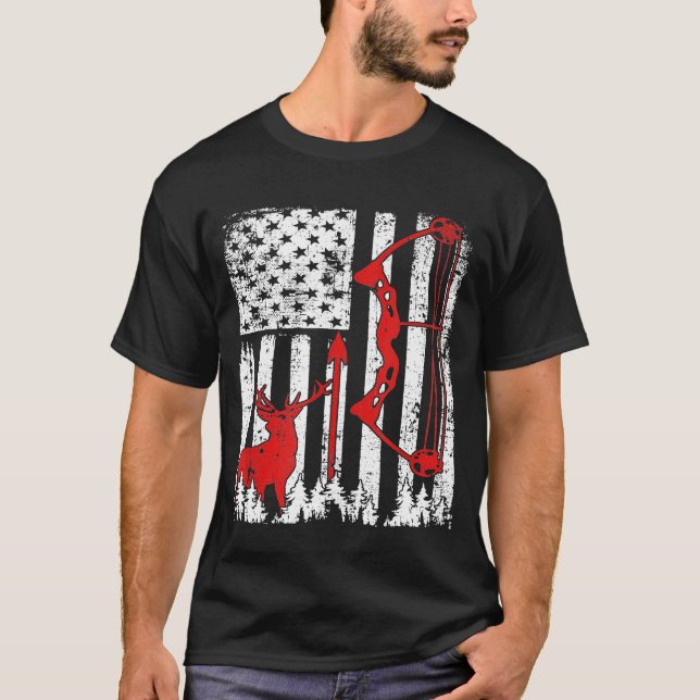 Patriotic Bow Hunting Deer Hunter Flag American Bo T-Shirt (Front)