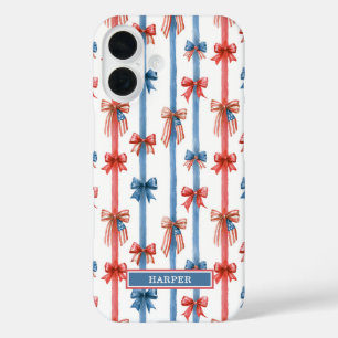 Patriotic Bows and Stripes Monogrammed iPhone 16 Case