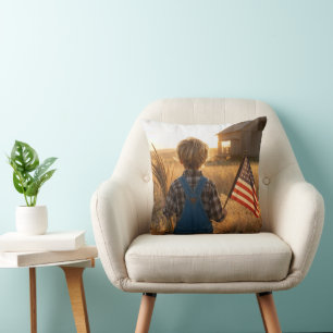 Patriotic Boy with American Flag and Wheat Throw Pillow