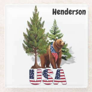 Patriotic Brown Bear In PIne Trees American Flag Glass Coaster