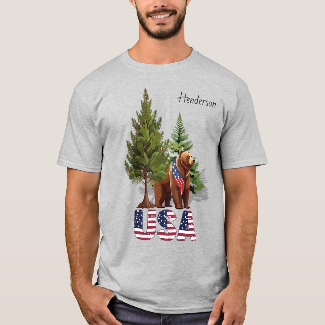 Patriotic Brown Bear In PIne Trees American Flag T-Shirt (Front)