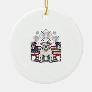 Patriotic Bulldog Fireworks Vintage Engraving Desi Ceramic Ornament