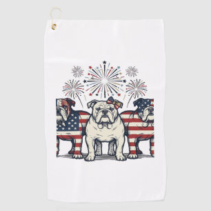 Patriotic Bulldog Fireworks Vintage Engraving Desi Golf Towel