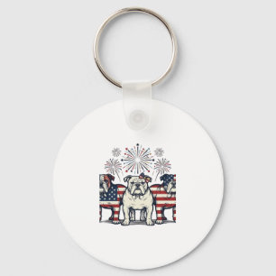 Patriotic Bulldog Fireworks Vintage Engraving Desi Keychain