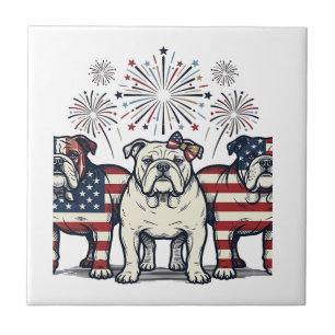 Patriotic Bulldog Fireworks Vintage Engraving Desi Tile