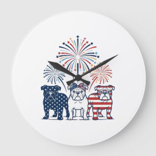 Patriotic Bulldog Fireworks Vintage Vector Design_ Large Clock