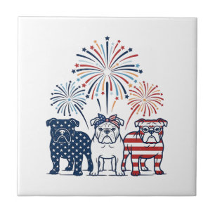 Patriotic Bulldog Fireworks Vintage Vector Design_ Tile
