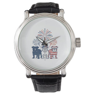 Patriotic Bulldog Fireworks Vintage Vector Design_ Watch
