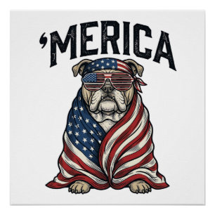 Patriotic Bulldog 'Merica Vintage Vector Shirt Des Poster