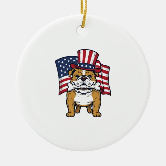 Patriotic Bulldog With Flag Vector Design_1 Ceramic Ornament (Front)