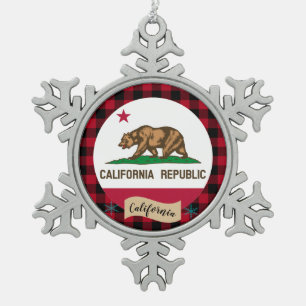 Patriotic California, red plaid, California Flag Snowflake Pewter Christmas Ornament
