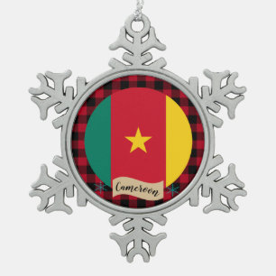Patriotic Cameroon, buffalo plaid, Cameroon Flag Snowflake Pewter Christmas Ornament