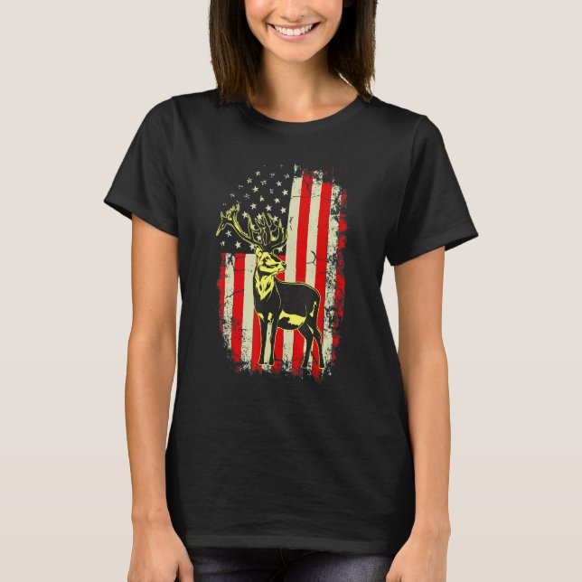 Patriotic Camo American Flag Deer Hunter Hunting T-Shirt (Front)