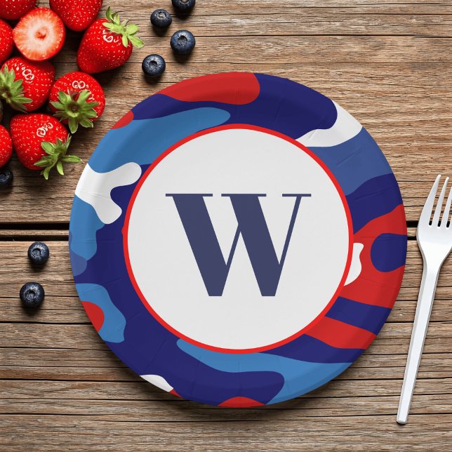 Patriotic Camo Red White and Blue Camouflage Party Paper Plate (For 4th of July and BBQs, just add your initial and fill with food)