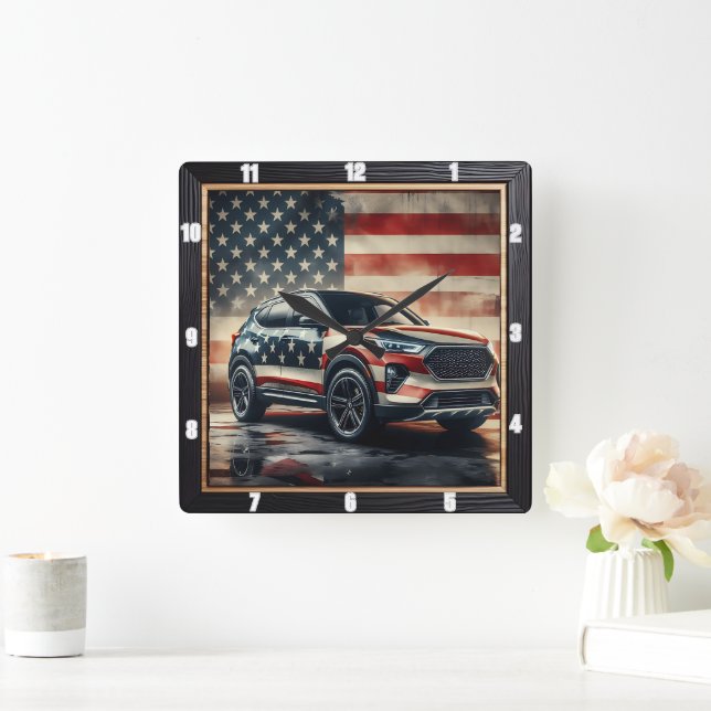 Patriotic Car American Flag  Square Wall Clock (Home)