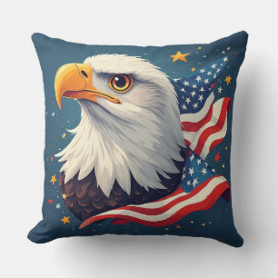 Patriotic Cartoon Eagle with American Flag Throw Pillow