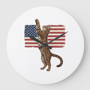 Patriotic Cat American Flag Vintage Vector Design_ Large Clock