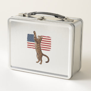 Patriotic Cat American Flag Vintage Vector Design_ Metal Lunch Box