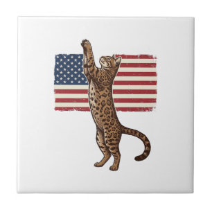 Patriotic Cat American Flag Vintage Vector Design_ Tile