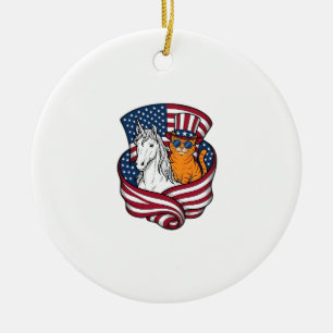 Patriotic Cat and Unicorn Vintage Vector Design_1 Ceramic Ornament