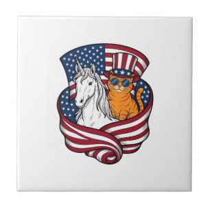 Patriotic Cat and Unicorn Vintage Vector Design_1 Tile