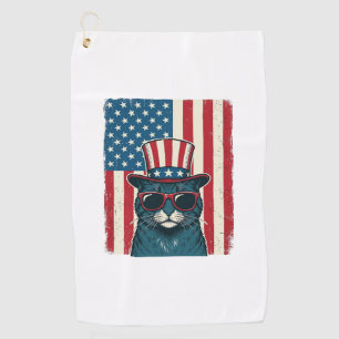 Patriotic Cat Flag Vintage Engraving Shirt Design_ Golf Towel