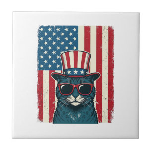 Patriotic Cat Flag Vintage Engraving Shirt Design_ Tile
