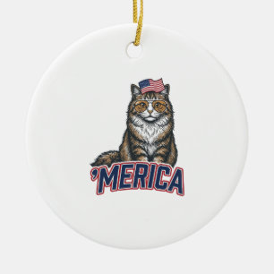 Patriotic Cat Merica Vintage Engraving Shirt Desig Ceramic Ornament