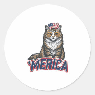 Patriotic Cat Merica Vintage Engraving Shirt Desig Classic Round Sticker