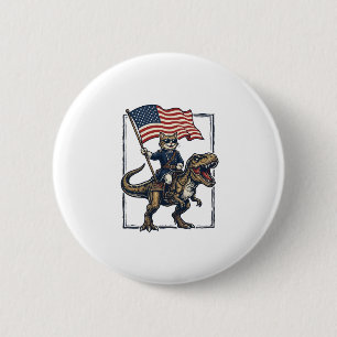 Patriotic Cat Riding Dinosaur Vintage Vector Desig 2 Inch Round Button
