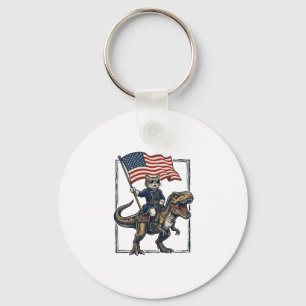 Patriotic Cat Riding Dinosaur Vintage Vector Desig Keychain