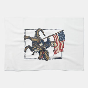 Patriotic Cat Riding Dinosaur Vintage Vector Desig Kitchen Towel